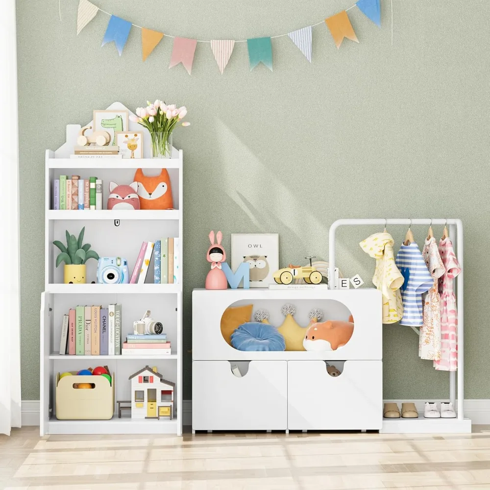 Toy Storage Organizer with Clothes Rail, Combination Type Kids Bookshelf and Bookcase  Box with Wheels, Toddler Bookshelf