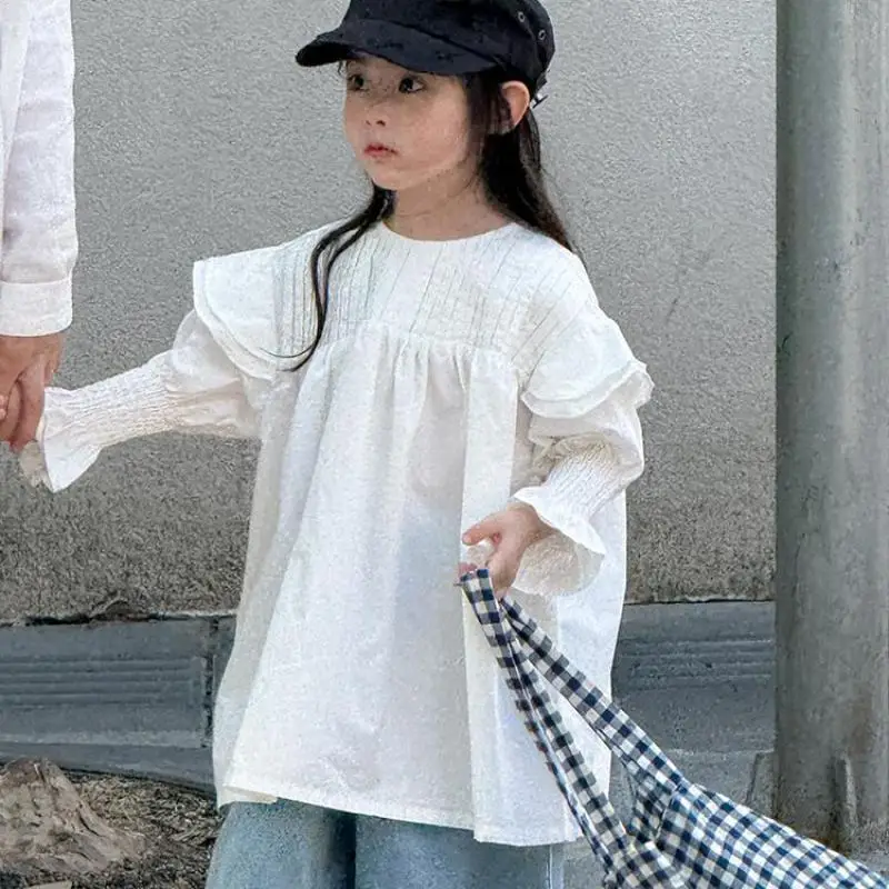 

2025 Autumn New Girls Long Sleeve Lace Shirts Solid Children Loose Dress Cotton Baby Girls Casual Dress Kids Clothes