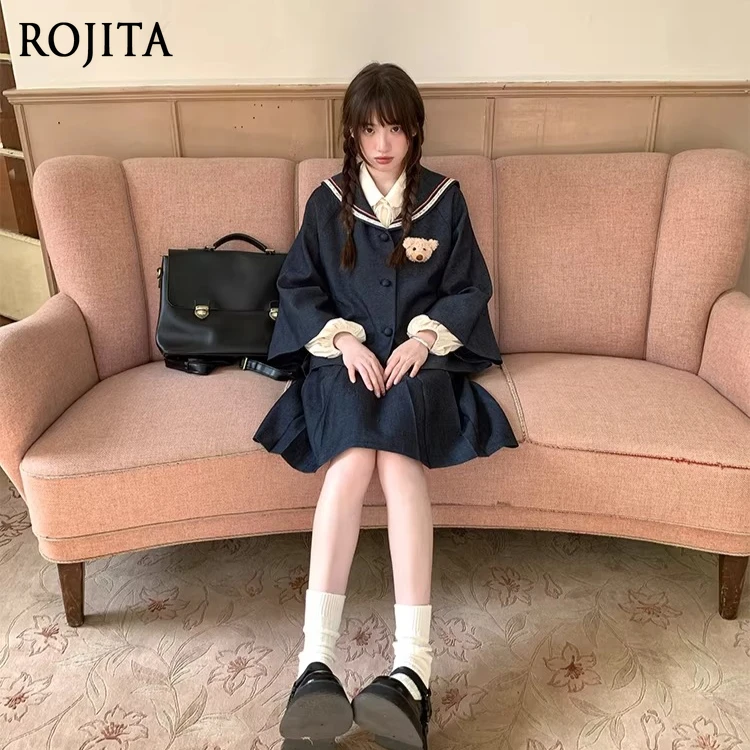 

Весенне-осенний комплект в стиле японской школьницы: жаккардовая куртка-накидка с матросским воротником и плиссированная юбка, темно-синий