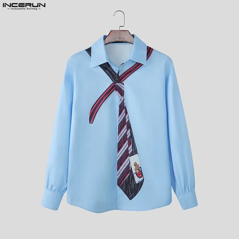 

INCERUN Мужская рубашка с принтом и лацканами с длинным рукавом, свободная мужская одежда в корейском стиле, уличная мода, повседневные топы, мужские рубашки S-5XL