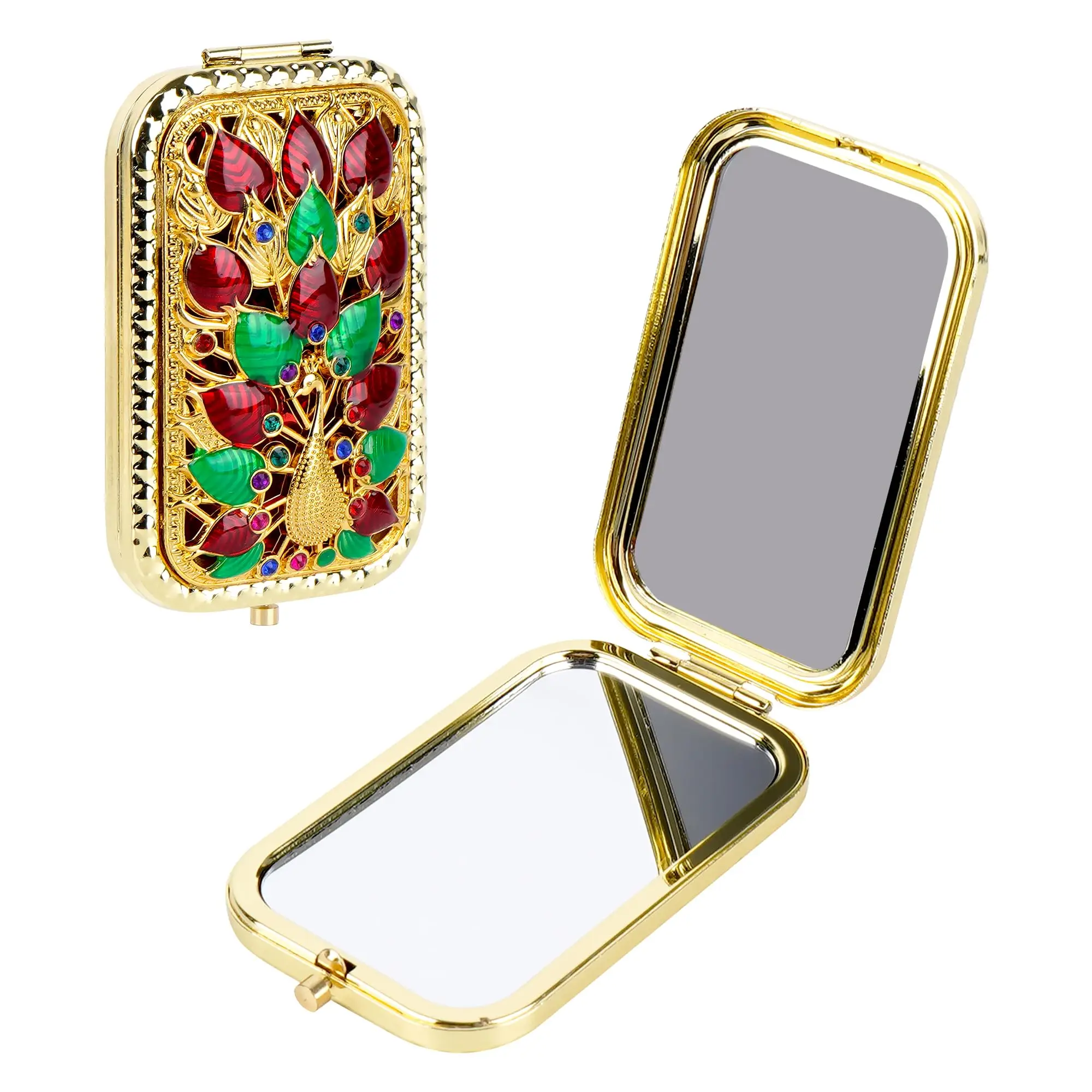 مرآة مكياج كلاسيكية قابلة للطي، مرآة جيب مدمجة عتيقة مطبوعة على شكل طاووس، مرآة مكياج مستطيلة مزدوجة الجوانب #2