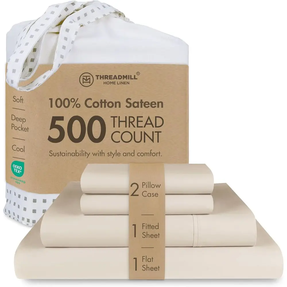 

King Size 100% Cotton Sheets 500 Thread Count Deep Pocket, Soft & Crisp, 4-Piece Hotel-Style Set in Beige