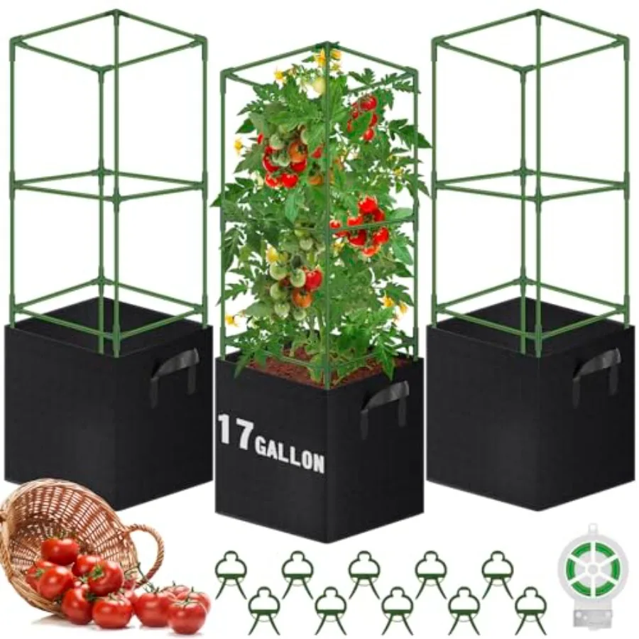 

3 Pack Square Tomato Cages with 17 Gallon Grow Bags, 46'' Upgraded Heavy Duty Steel Garden Plant Support Stakes Kit, Flowers Ve