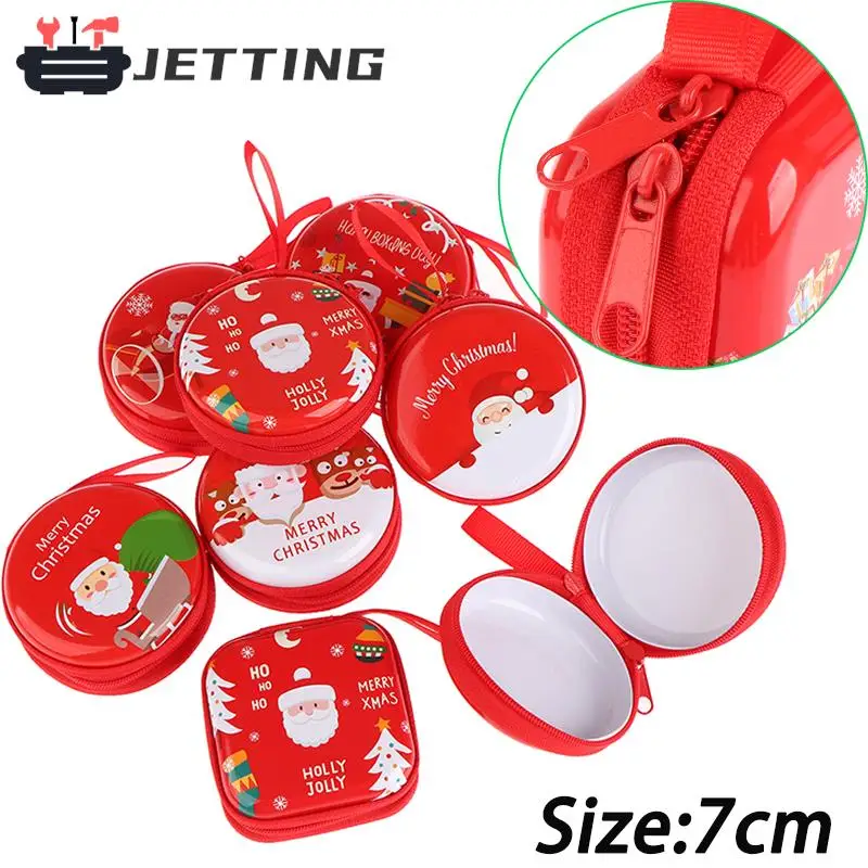 1PC 7cm Red Tinplate Coin Purse Earphone Storage Bag Christmas Gift Santa Claus Pattern for Headphone Key Coin Zipper Bag