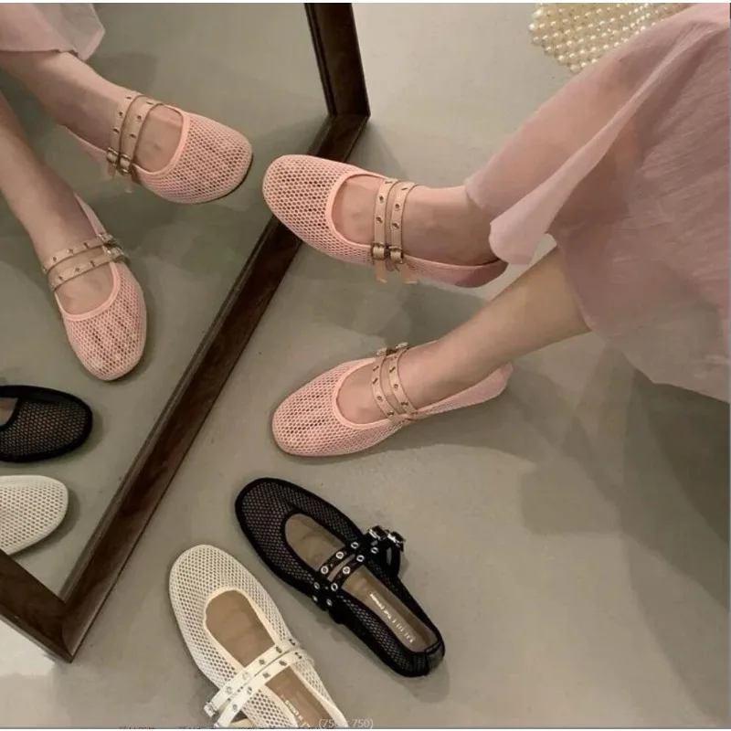 

Mesh Ballet Flats Fishnet Luxury Brands Hollow Sandals Women Flats Beach Female Comfortable Shoes Breathable Mary Jane Sandals