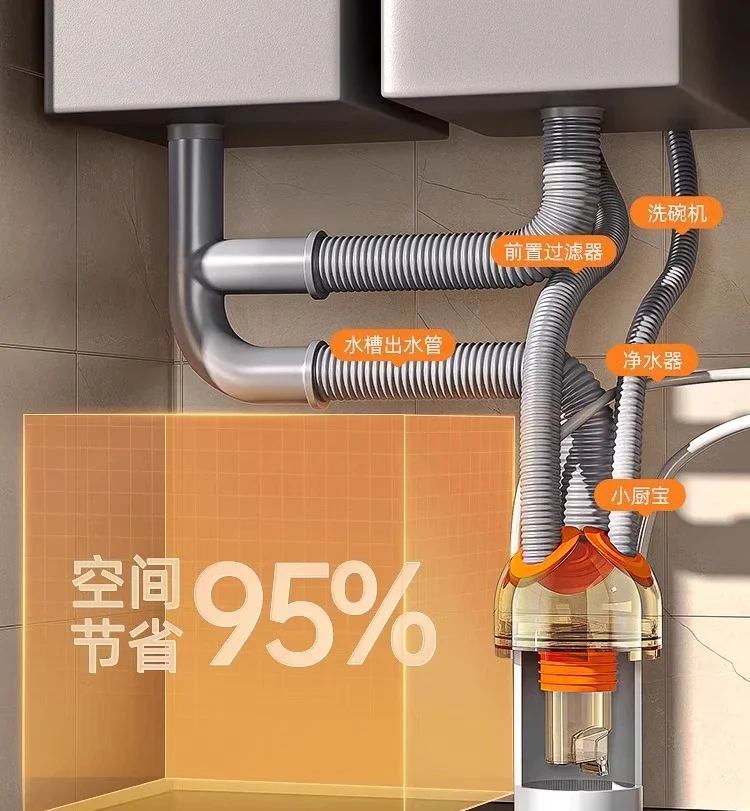 Kitchen sewer pipe three-way integrated deodorant artifact anti-return odor three-way drain joint