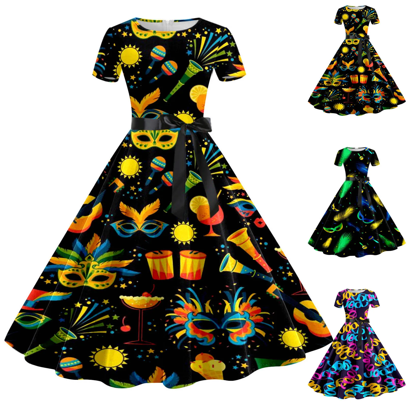 

Mardi Gras New Fashion Printed Party Dresses Women's Short Sleeve Waisted Bow Tie Dresses Round Neck Casual Pleated Dress