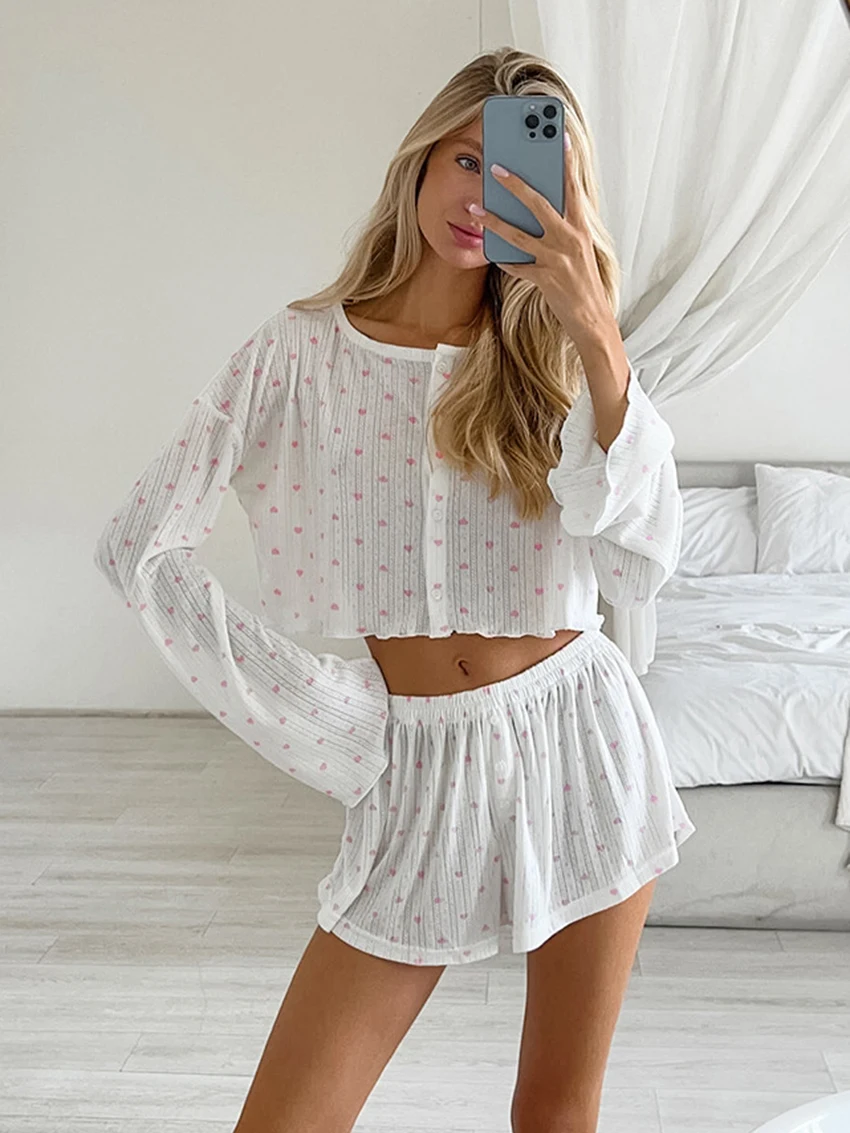 Marthaqiqi Printing Ladies Pajama Suit O-Neck Nightie Long Sleeve Pyjamas Crop Top Nightwear Lingerie Shorts Pijamas 3 Piece Set