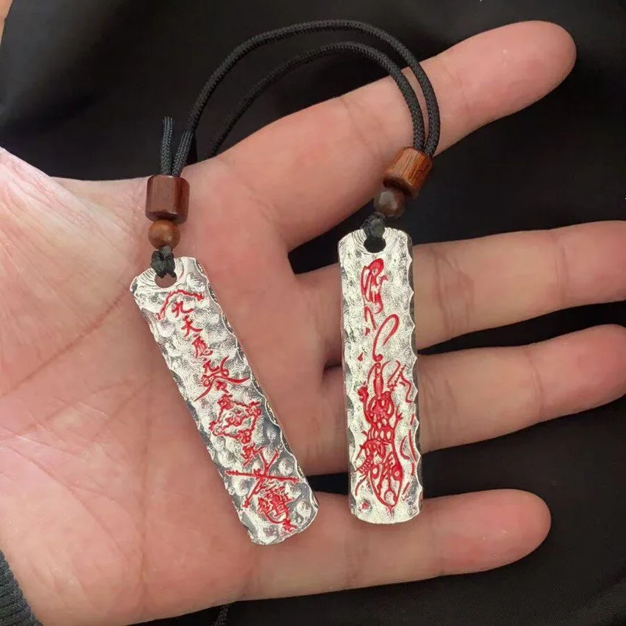 925 silver ethnic style red enamel Tianzun five thunder pendant necklace irregular concave convex square necklace men's jewelry