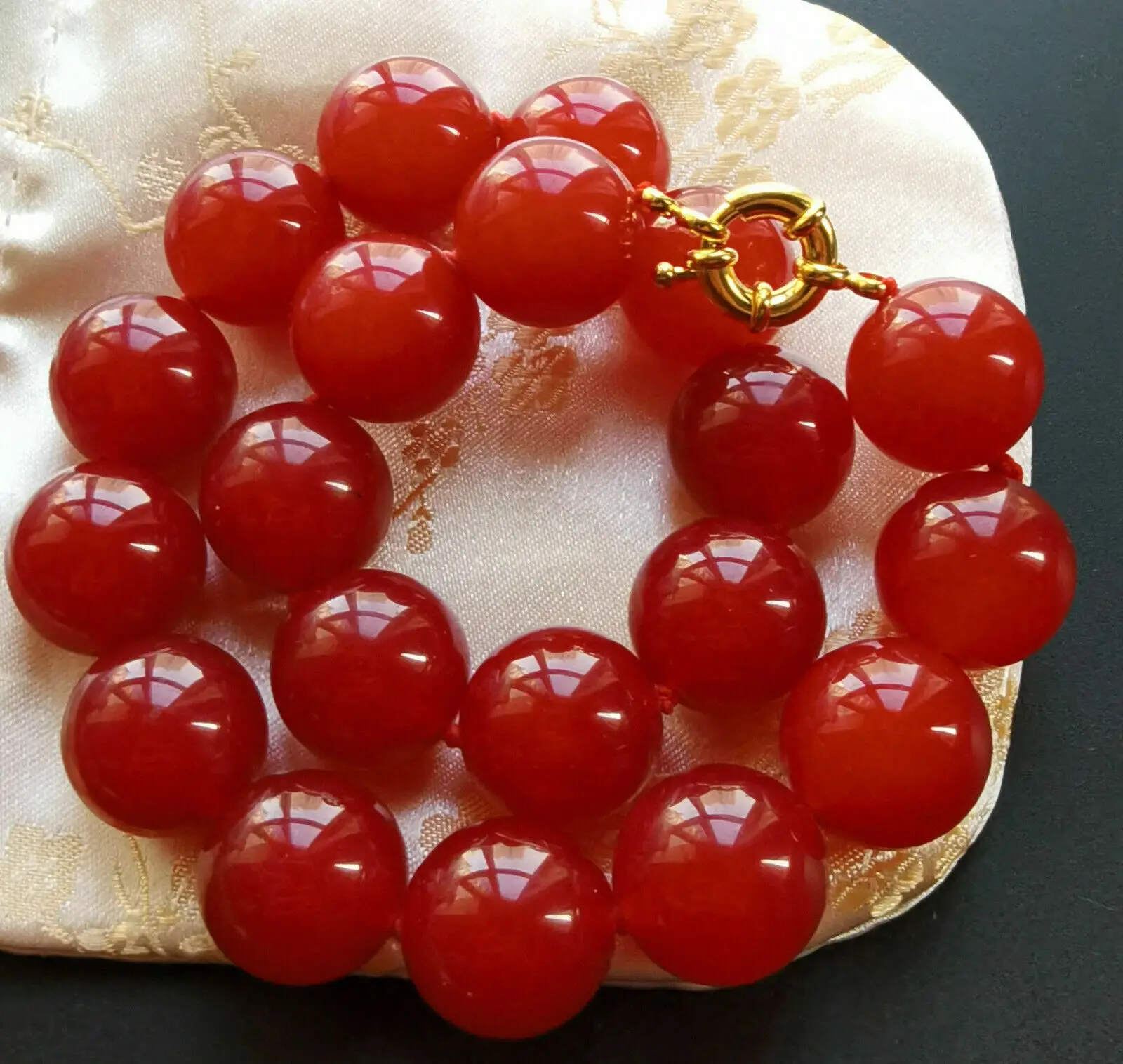 Large Red Jade choker necklace,Round Smooth 14mm Beads Knotted 18
