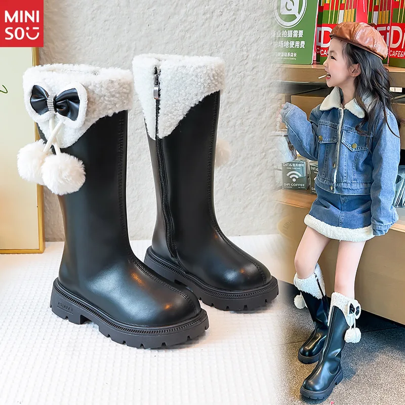 Miniso 2025 Botas longas de couro para meninas, sapatos de inverno de cano alto de pelúcia para crianças