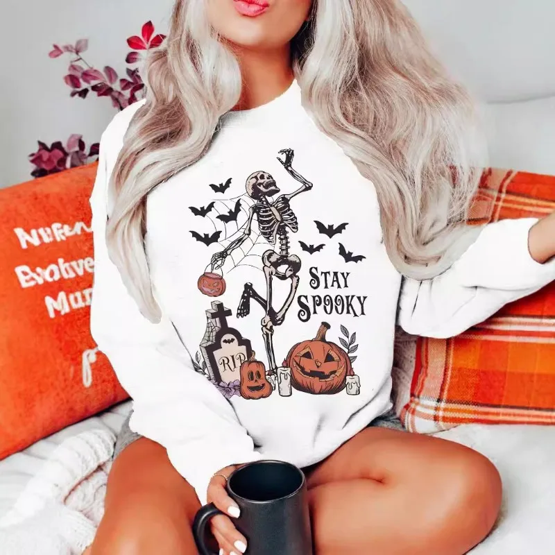Cartoon Halloween bedrukte schoudertrui Wit casual nieuw veelzijdig sweatshirt