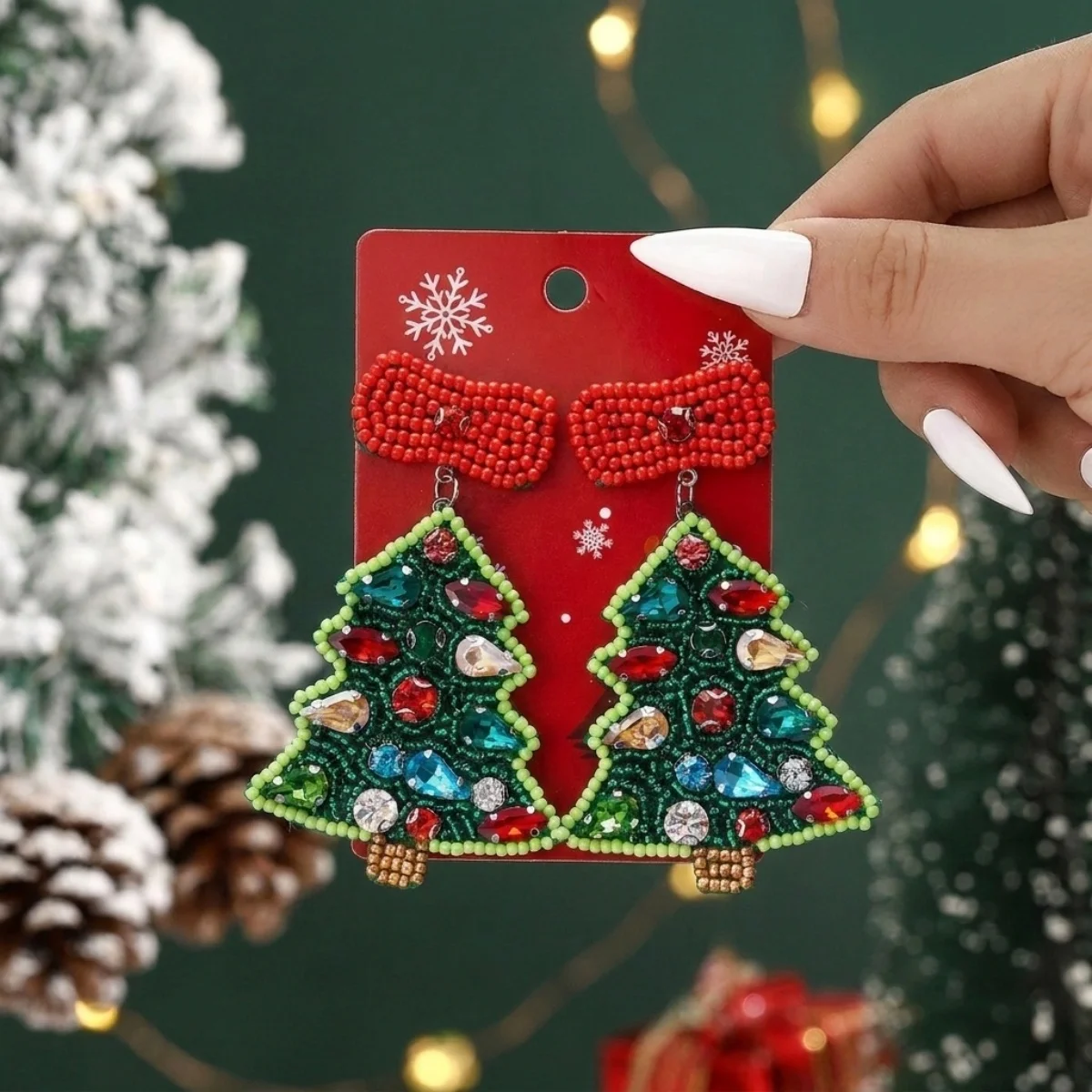 Weihnachtliche Ohrringe in Form eines Hauses mit Reisperlen für Damen, bunte Perlen, Weihnachtsmann, Rentier, Schneeflocke, Baum, Schleifen-Ohrringe, Schmuck. – Detail 27