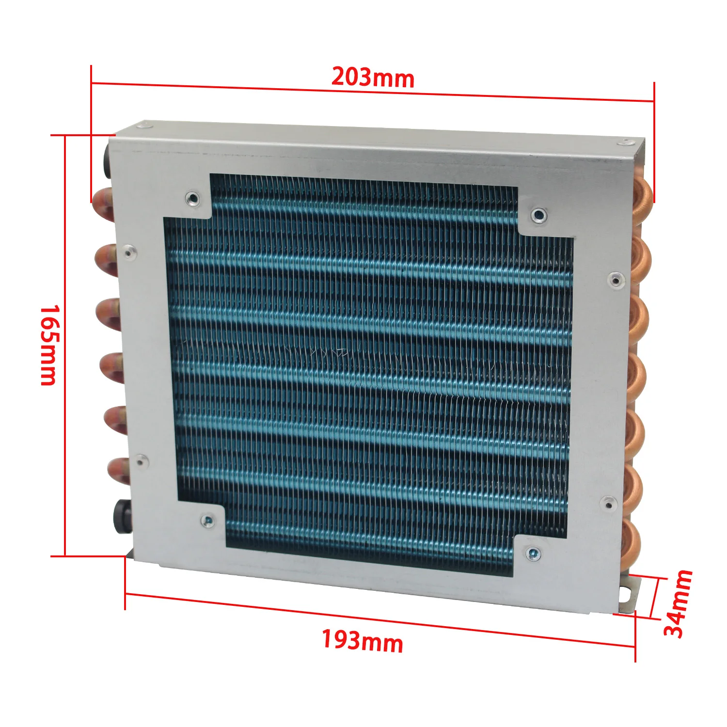 Radiador condensador de carcasa pequeña, refrigerador, congelador, aleta de aluminio refrigerada por agua y intercambiador de calor de tubo de cobre con ventilador 203*165*34