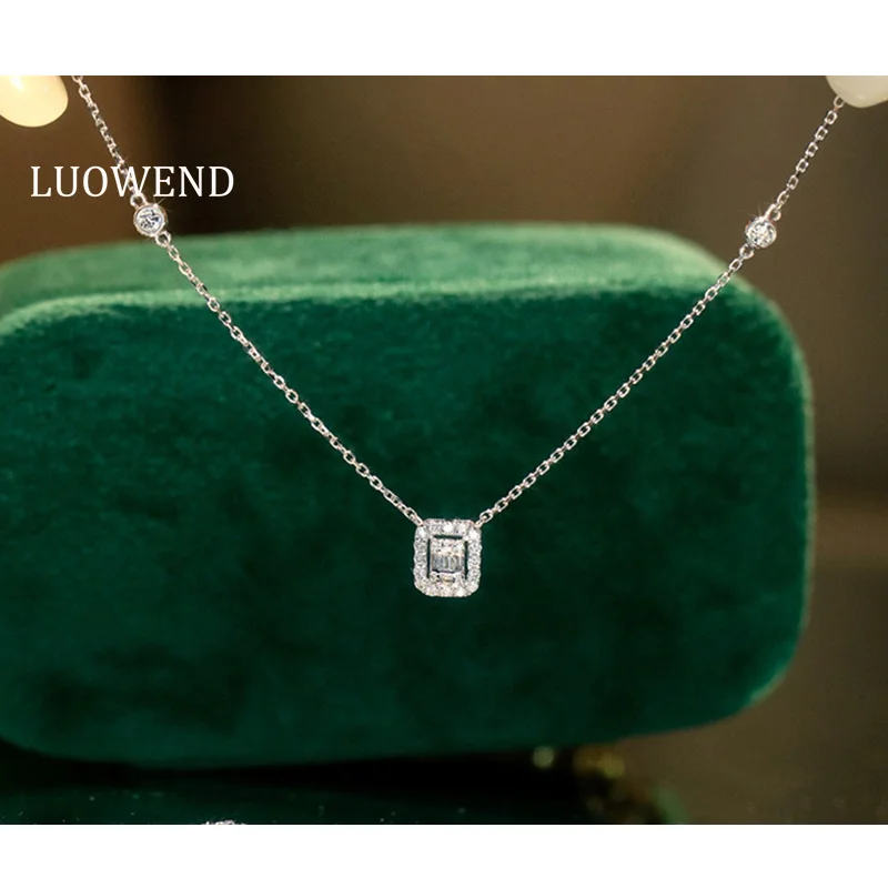 LUOWEND 100% 18K White Gold Necklace 0.25carat Real Natural Diamond Pendant Necklace for Women Fashion Design Anniversary Gift