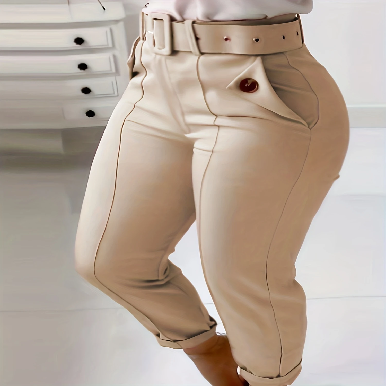 

Chic Womens Belted Skinny Leggings - Comfort Fit with Sleek Slant Pockets, Versatile Casual Wear