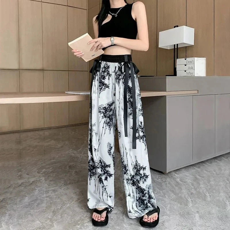 Women\'s Thin Casual Ice Silk Chiffon Wide Leg Pants 2024 Summer New Style Strap Drop Straight Tube Floor Trousers Korean Women