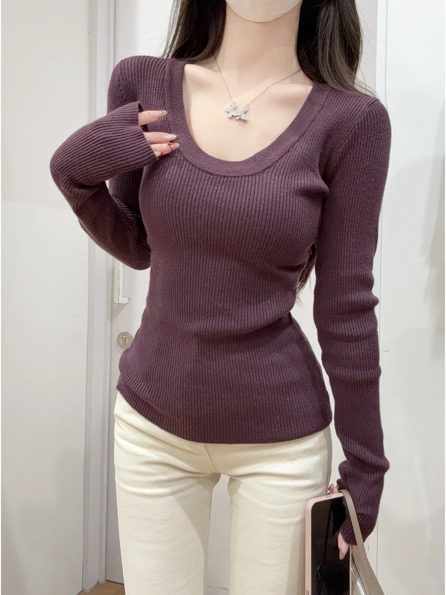 

Мягкий апей, фиолетовый U-Ne, вязаный длинный свитер Sve Base irt, женский зимний облегающий свитер для внутренней одежды, повседневный свитер для поездок на работу