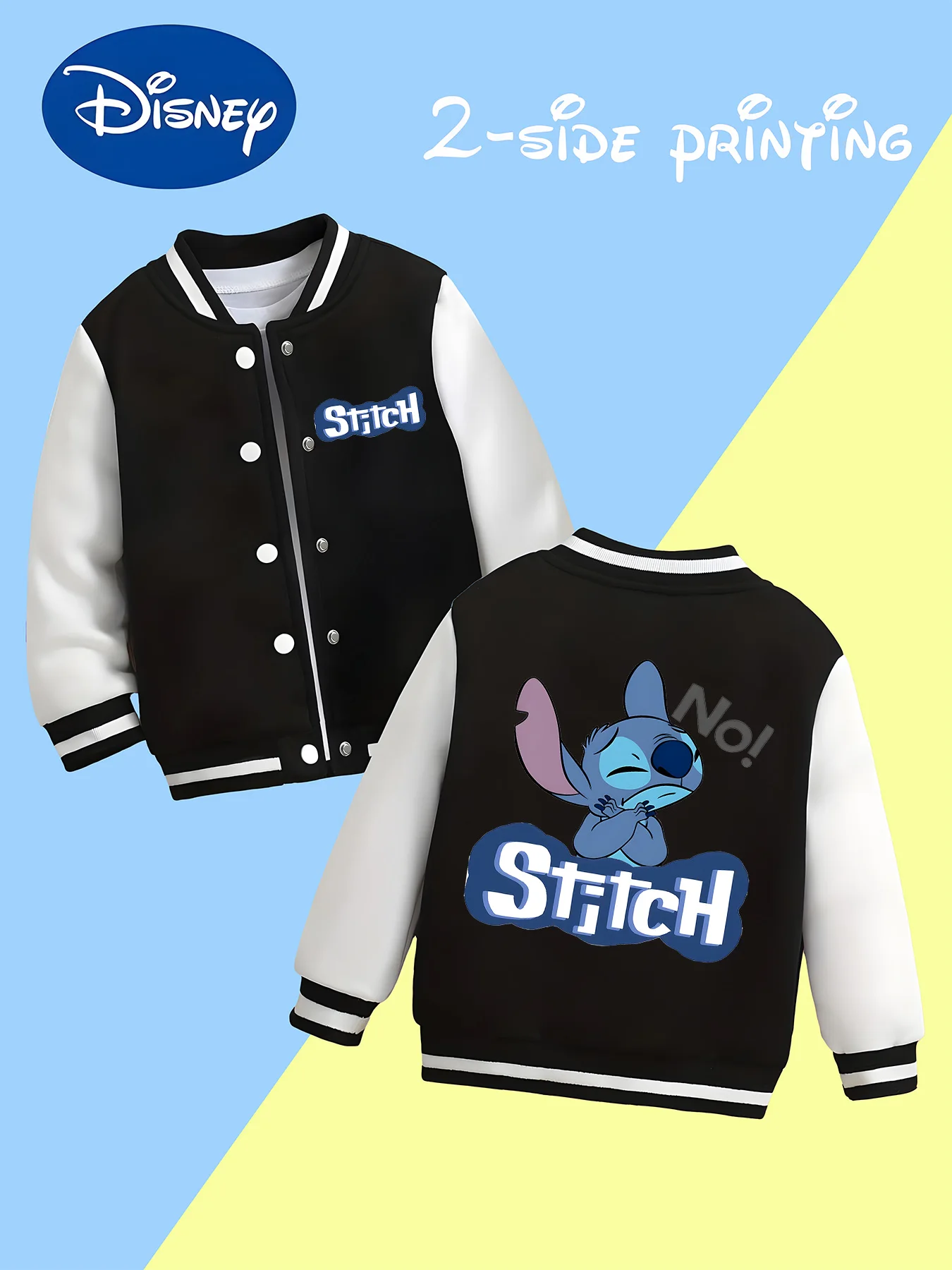 

MINISO Disney Boys' Baseball Jacket - Stitch "NO!" Funny Style, Small Logo on the Front and Stitch Print on the Back,Casual Wear
