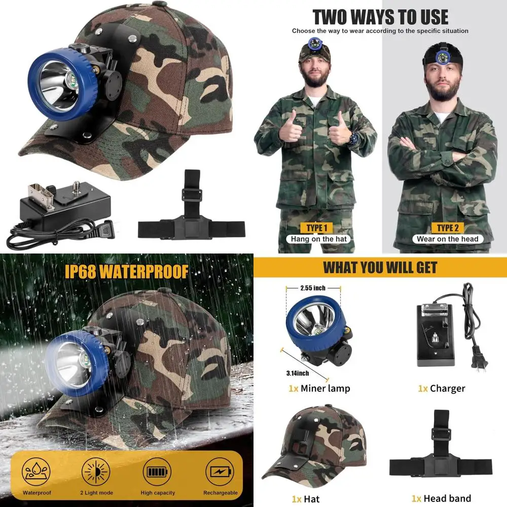 

Сверхъяркий перезаряжаемый светодиодный налобный фонарь для горнодобывающей промышленности, водонепроницаемый, с камуфляжной насадкой, идеально подходит для подземных работ и активного отдыха