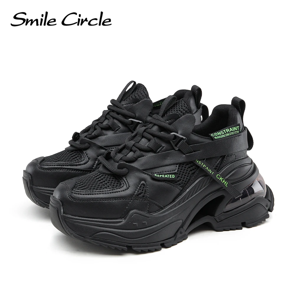 Smile Circle Chunky Sneakers Women Flat Platform Sneakers Lace-up Casual Round toe Sneakers Ladies Shoes Trainers