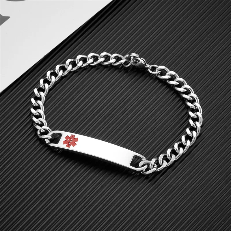 Punk SOS Medical Custom Text braccialetti in acciaio inossidabile per le donne l\'asta dell\'emblema del serpente di Asclepius bracciali da uomo