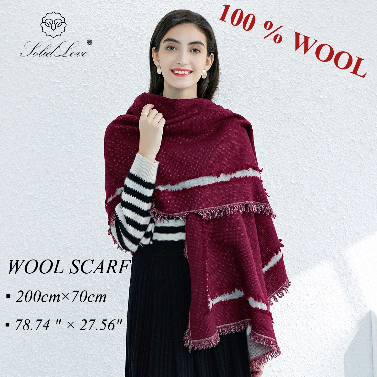 Luxury Brand 100% Pure Wool Large Size Women Bandana Headwarp Pashmina Cashmere Scarf Luxury Merino Poncho Shawl