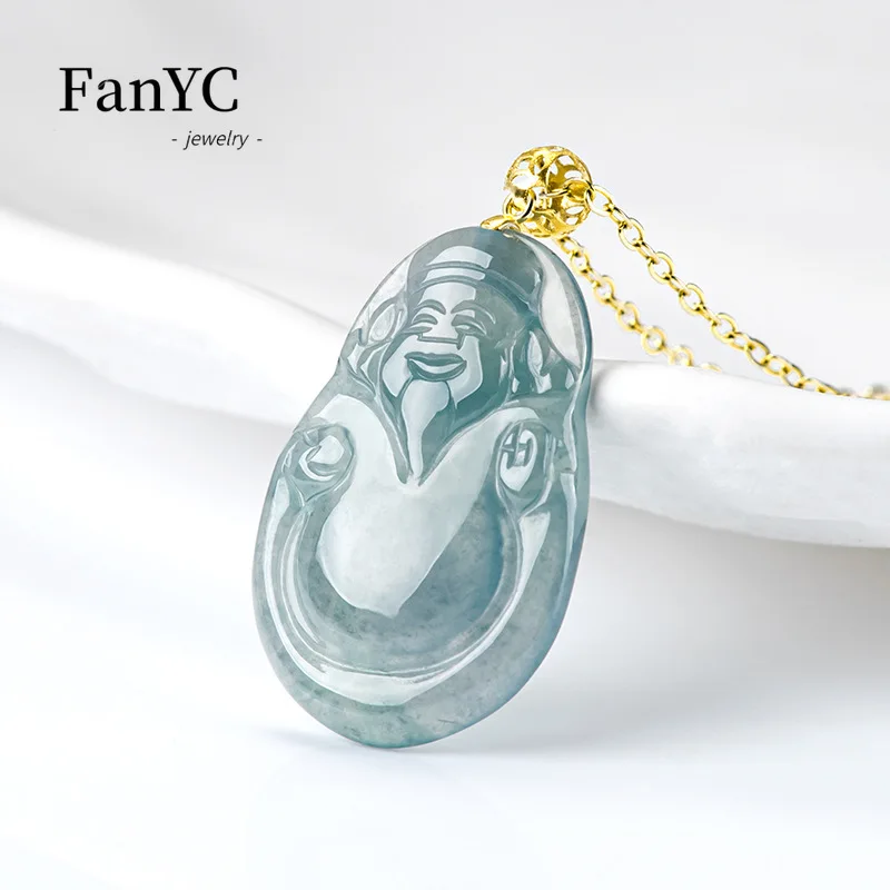 Myanmar Jadeite Blue Water God of Fortune Pendant 18K Gold Buckle Inlaid Fashion Exquisite Ice Jade Necklace Men and Women Gift