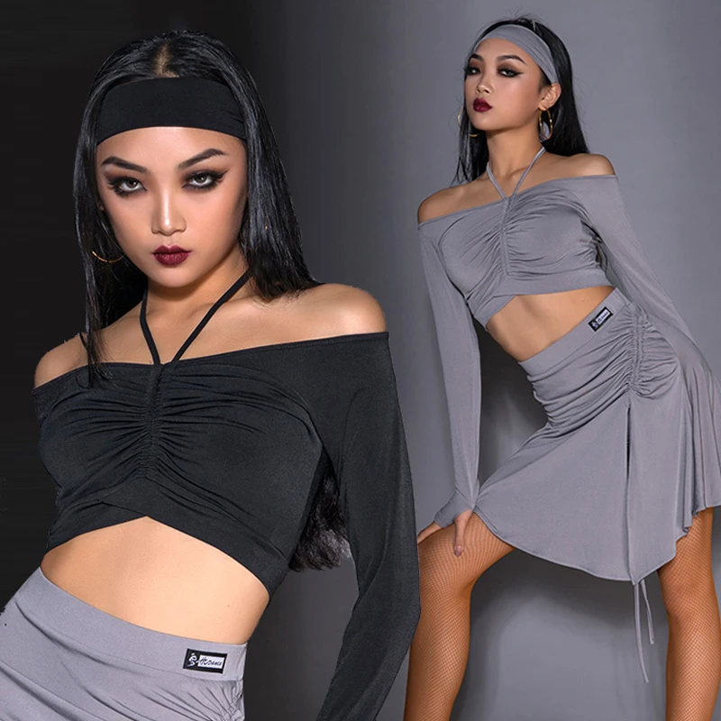 

2021 Women Latin Dance Costumes Long Sleeve Tops Sexy Skirts Suit Latin Practice Perfotmance Clothes Latin Dance Wear DQS6632