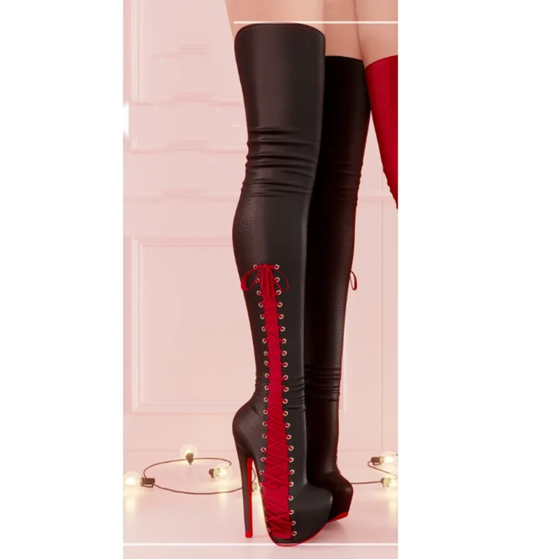 Red Lace Up Over Knee High Boots Thin High Heel Platform Fashionable Sexy Cool Western Winter Woman Shoes Zapatillas Mujer