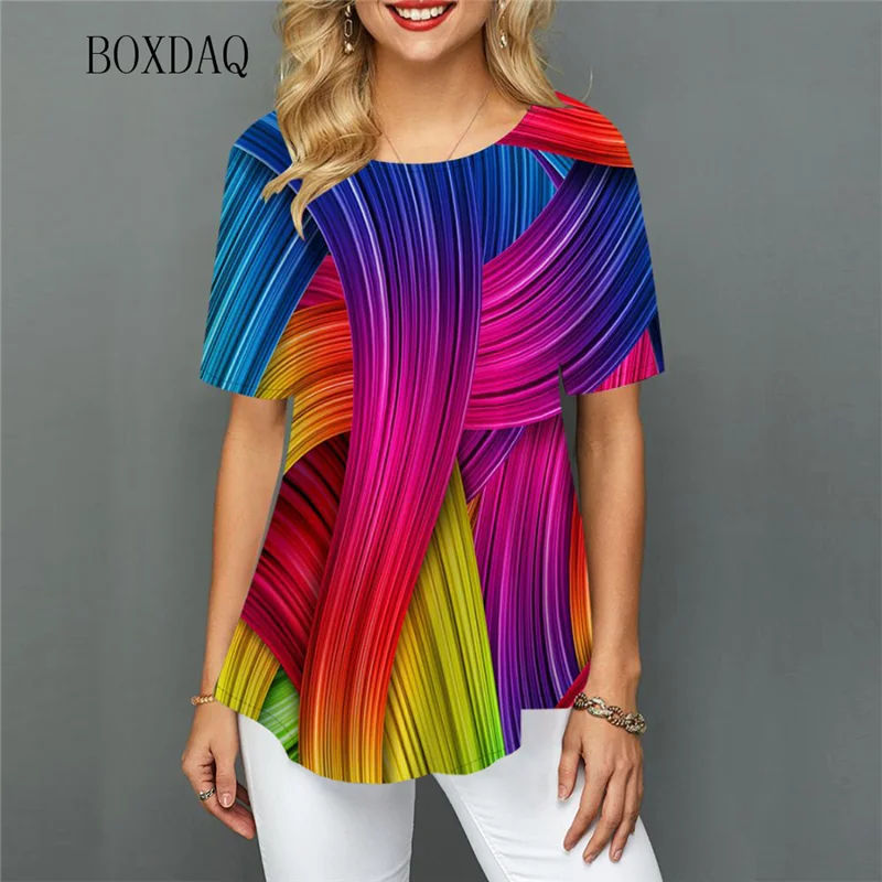 Rainbow Striped Women Fashion Streetwear T-shirts Short Sleeve Round-Neck Loose Casual Oversized Tops Summer 3D Print Female Tee