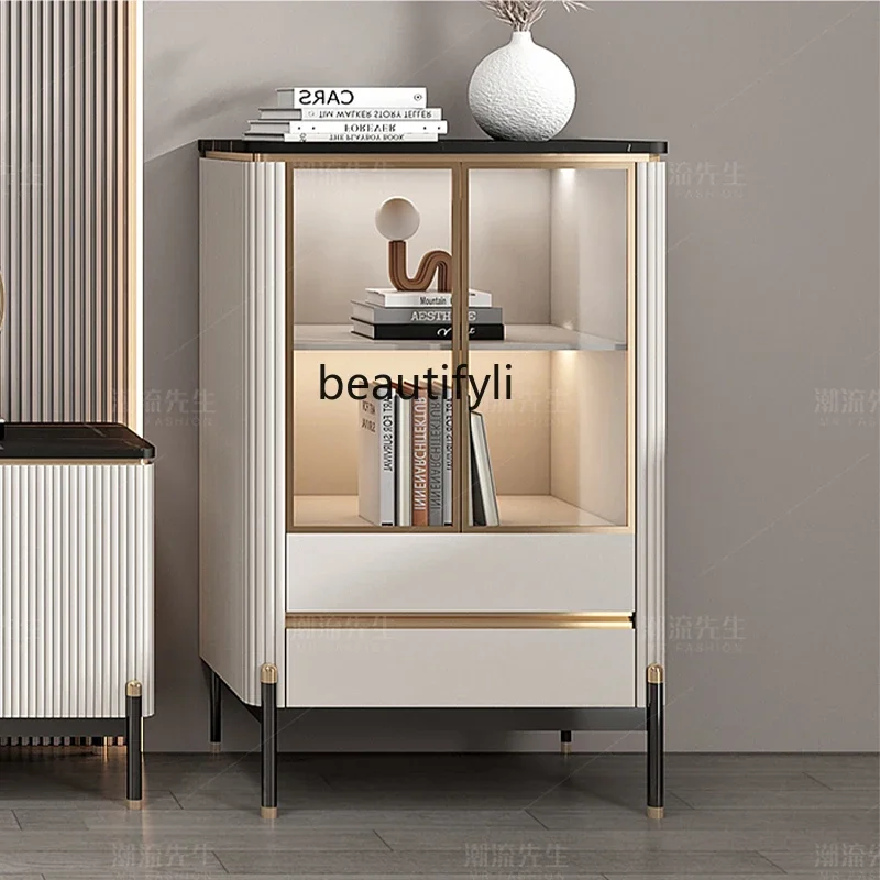 

Cy Wine Cabinet Modern Minimalist Storage High Cabinet Living Room with Induction Lamp Decoration Stone Plate Chest of Drawers