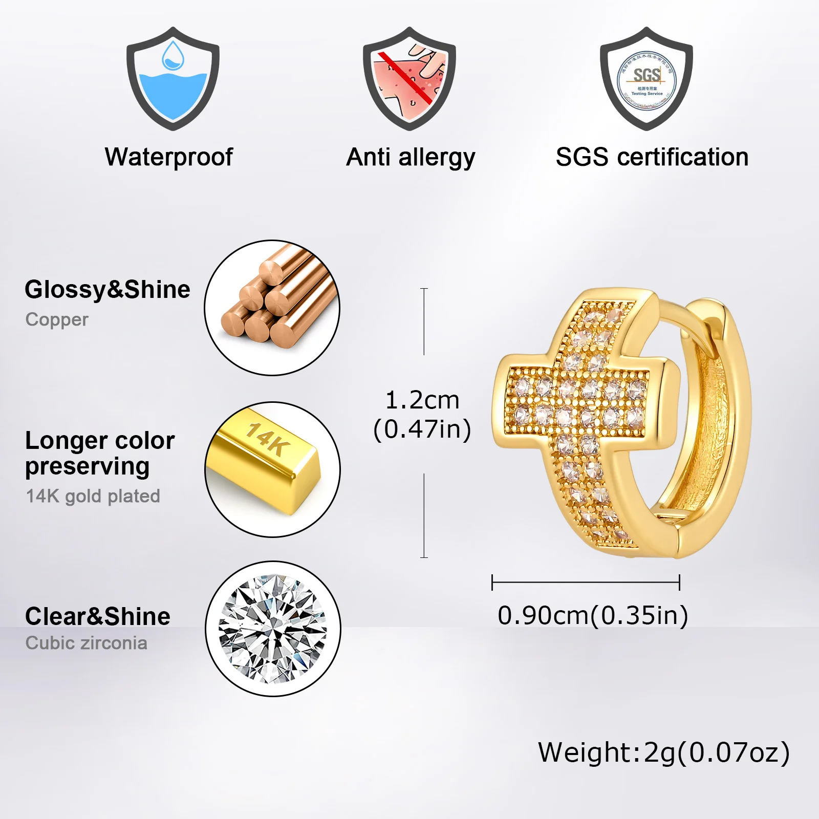 Vnox Herren Kreuz Huggie Hoop Ohrringe, Kupfer mit Zirkon-Einlage, mehrfarbiges Kreuz-Piercing-Schmuckstück, Geschenk für Männer, für den täglichen Gebrauch und Partys. – Detail 8