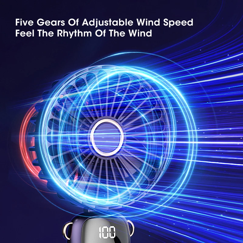 2023 New Portable Hand-Held Fan 5 Speed Rechargeable Office Desktop Multifunctional Folding Small Electric Fan With Neck Lanyard