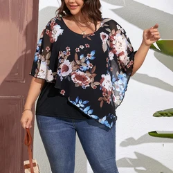 Plus Size szyfonowe damskie topy 2024 letnie Oversize z nadrukiem luźny pulower duże rozmiary odzież damska koszulki na plażę