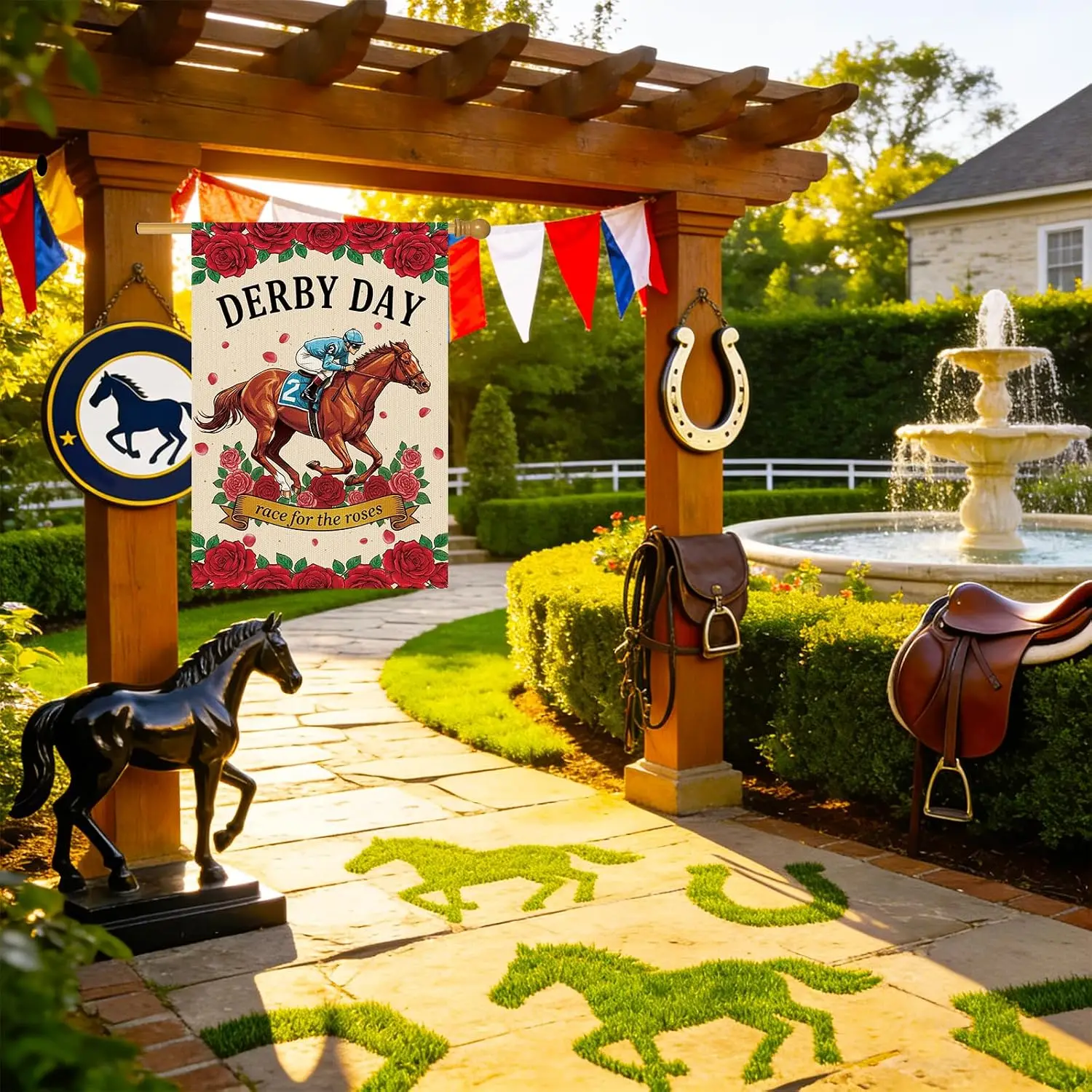 Kentucky Horse Flag Decorations, Race for the Roses Duble Sided Yard Flags for Outdoor Decorations, Horse Racing Party Banne uui