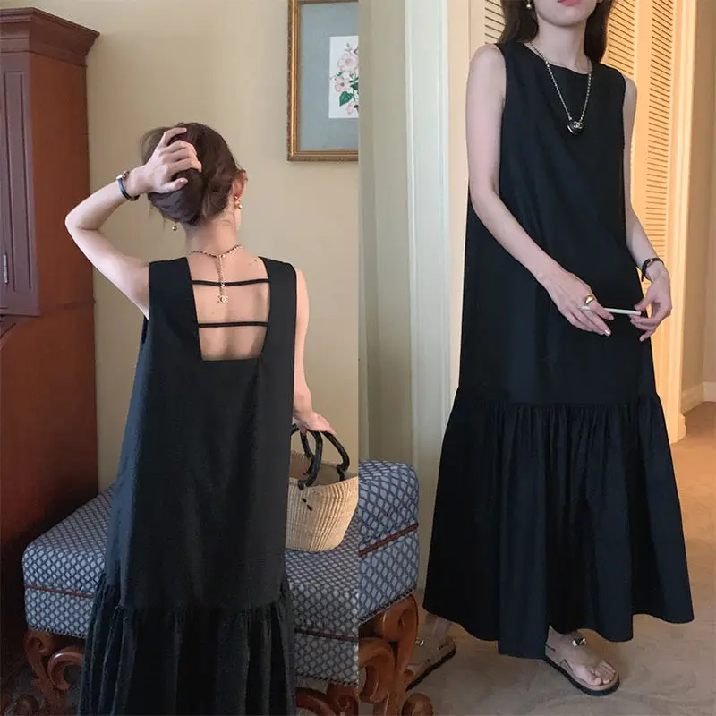 

Female Clothing Ruffles Spliced Dresses Fashion Backless Sleeveless Summer Round Neck Loose Solid Color All-match Long Dress New