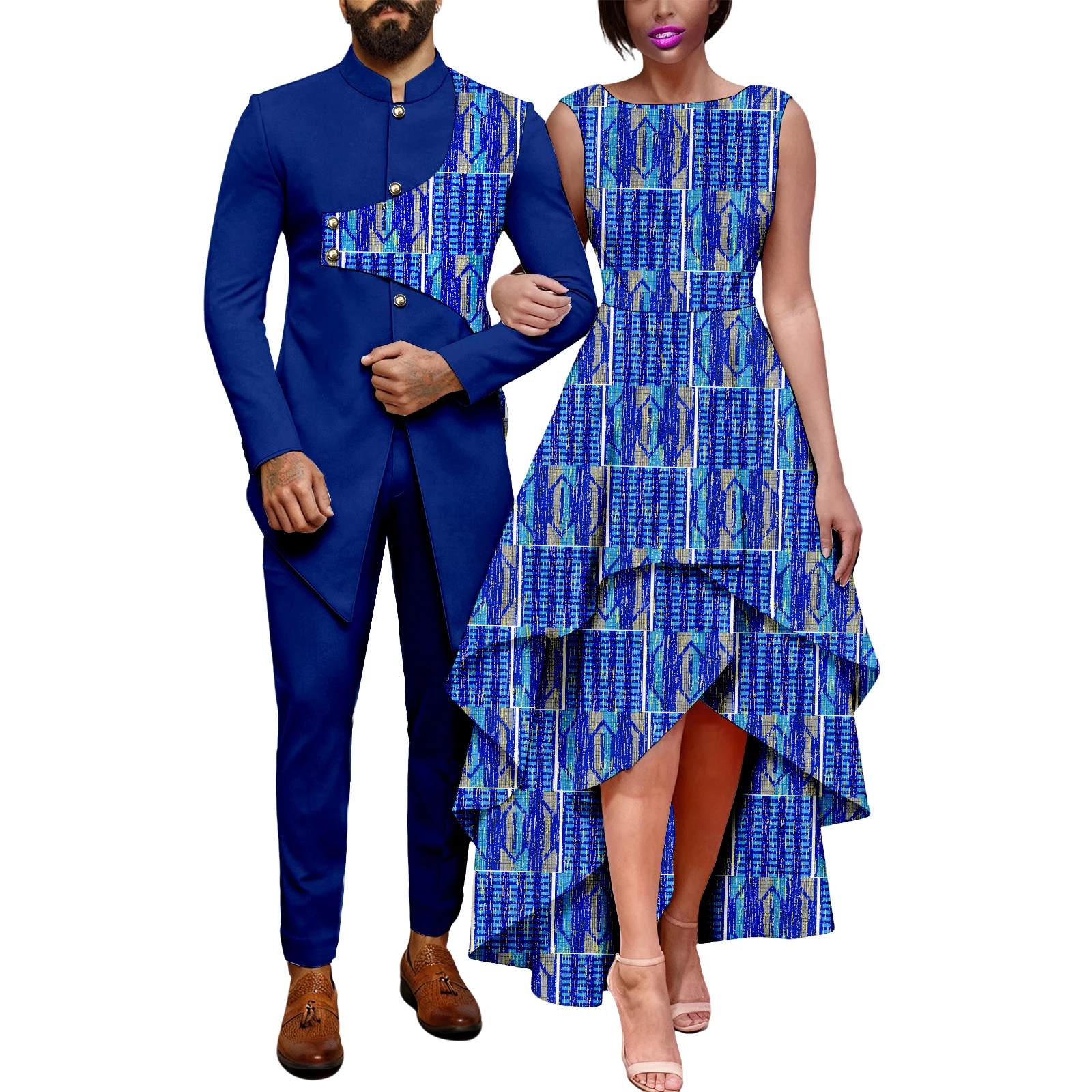 

African Couple's Outfit Matching Set Women Ankara Formal Turkey Dress Kente Print Cloth or Men Dashiki Outfit Jacket and Pants
