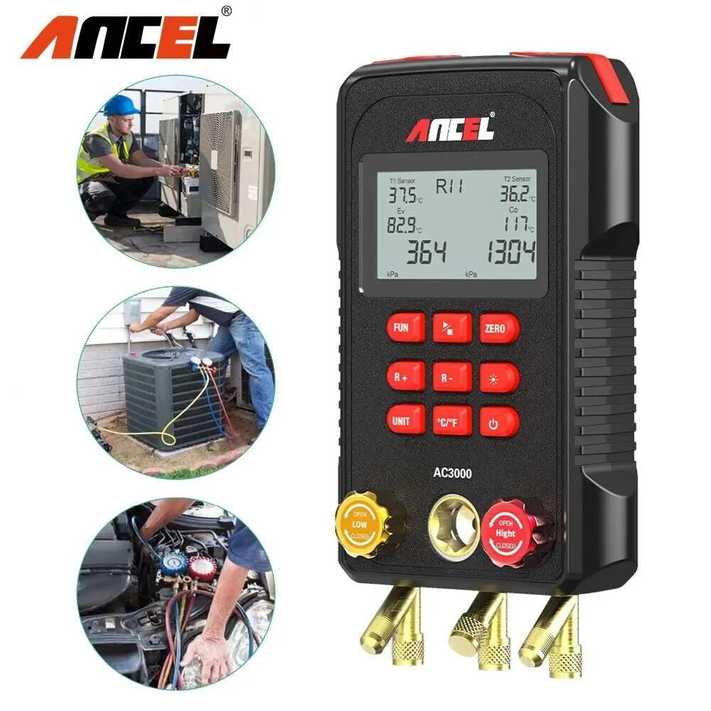 ANCEL AC3000 Manifold Digital Gauge Refrigeration Leak Tester Vacuum Pressure Temperature Gauge Tools Digital Manifold Meter