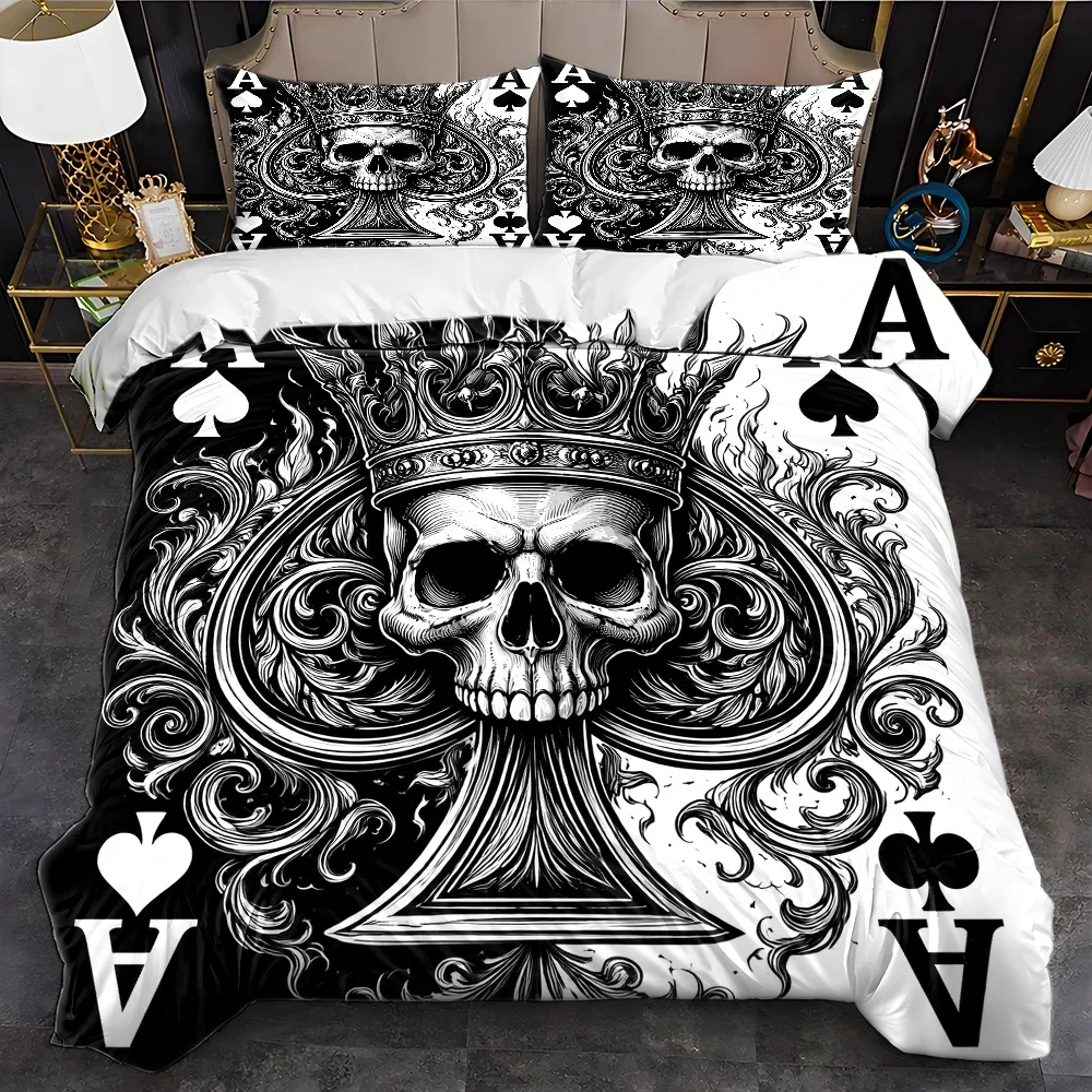 3Pc Skull Ace of Spades Themed Duvet Cover Set, Three-Piece Bedding Set (1*Duvet Cover + 2*Pillowcases), Suitable for All Seasons, Machine Washable, Invisible Zipper Double Bed Cover, Suitable for Home, Dormitory, Master Bedroom, Guest Room, Retro Dark Style Bedding Set, Large Duvet Cover Set, Personalized Trendy Bedding Set, Easy-To-Clean Skin-Friendly Bedding Set, Cross-Border Popular Skull Pattern Duvet Cover, Creative Poker-Themed Bedding, European and American Style