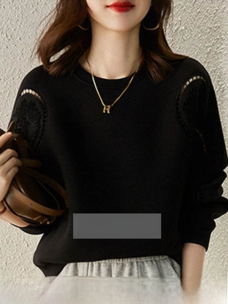

Black round Neck Long Sleeve Hollow out Hoodie Women's Korean Style Loose Fit Comfortable Warm Color Daily Wear