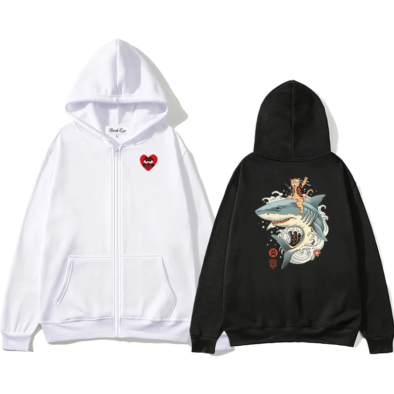 

Funny Cat Harajuku Anime Printing Men Women Zipper Hoodie Cool Snag Heart Embroidery Polyester Pocket Loose Thin Autumn Sweater