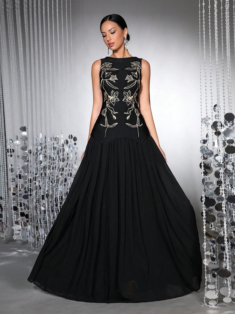 Modphy High-Quality Black Embroidered Ribbon Slim Fit 2-Piece Dress For Women'S Sleeveless Elegant Celebrity Evening Party Gowns