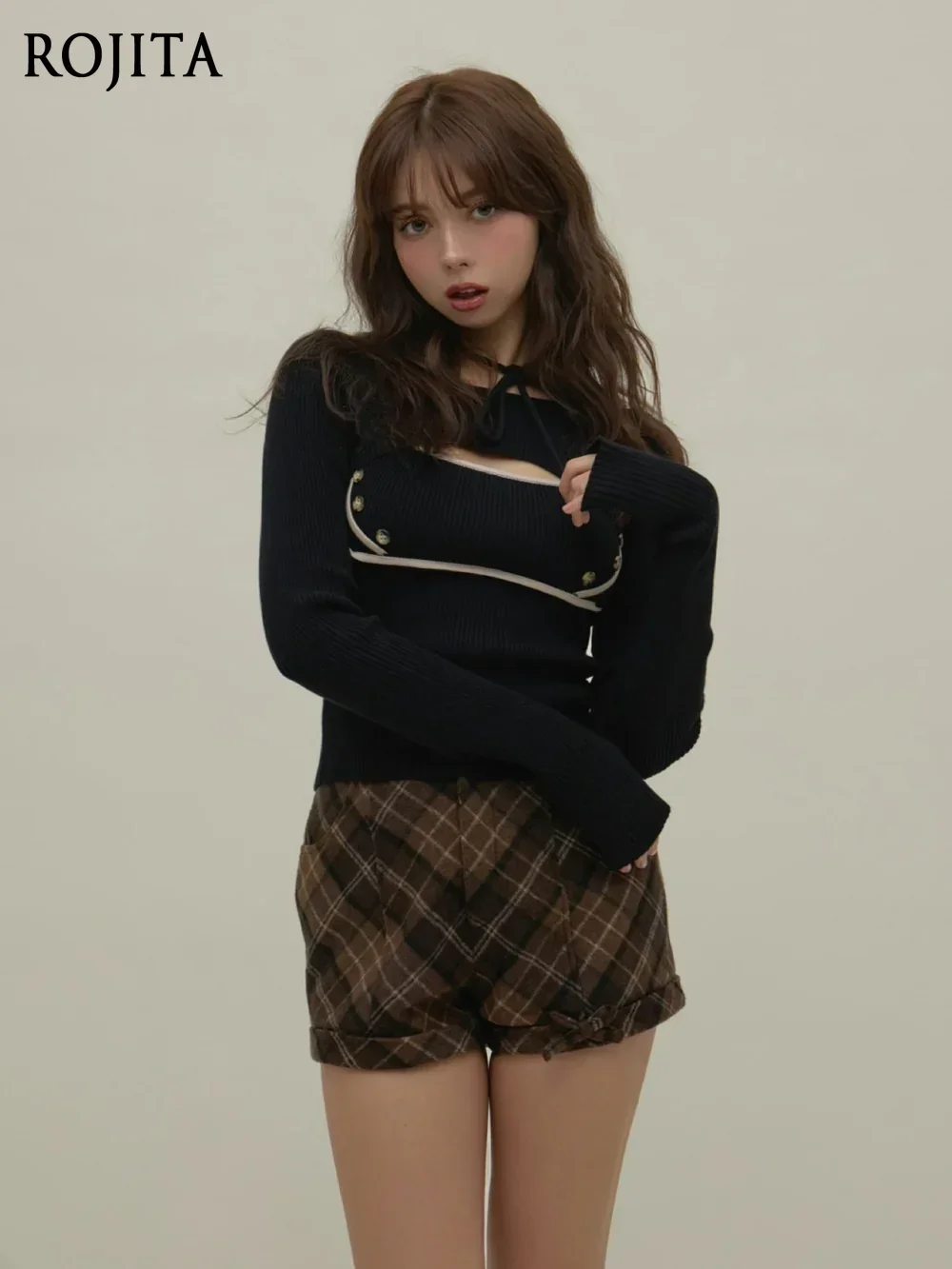 

Black Contrast Sweater Japanese Autumn Winter Color-Block Tie Button Camisole Knitted Vest Long Sleeve Cover-Up Two-Piece Set