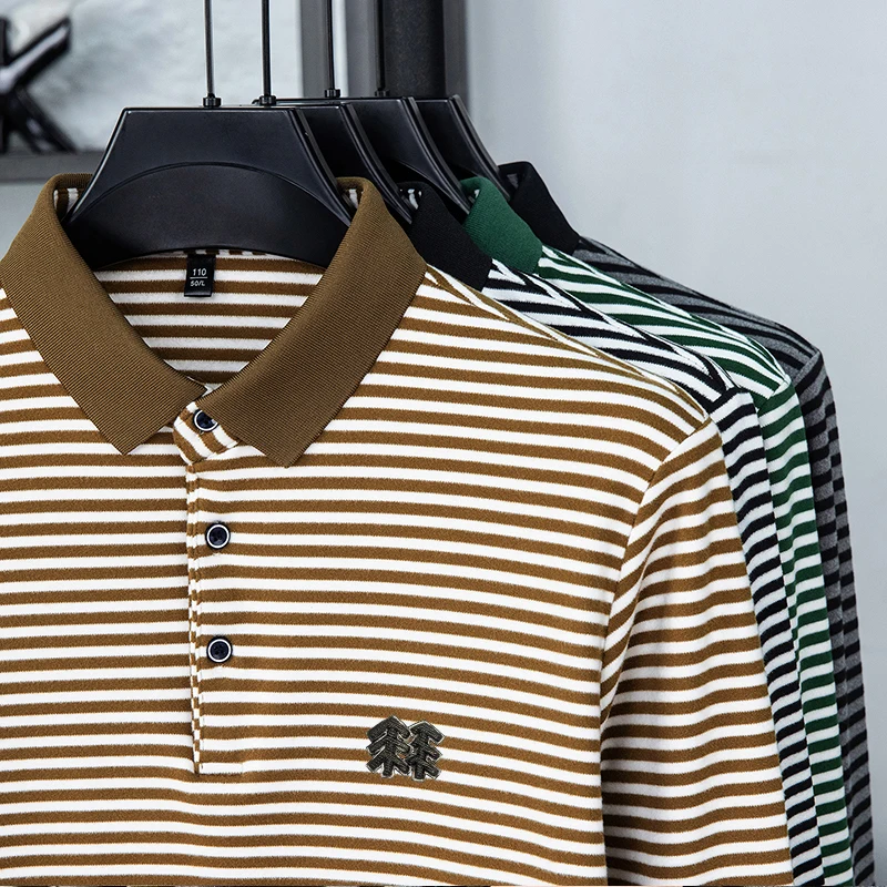 Men's Long Sleeved T-shirt, Youth Lapel T-shirt, Autumn Clothes Striped Polo Shirt Double-sided German Velvet 2025 New Trend Top