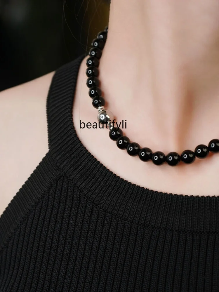 Natural black agate beaded necklace, simple light luxury temperament, fashionable personality, versatile neck chain