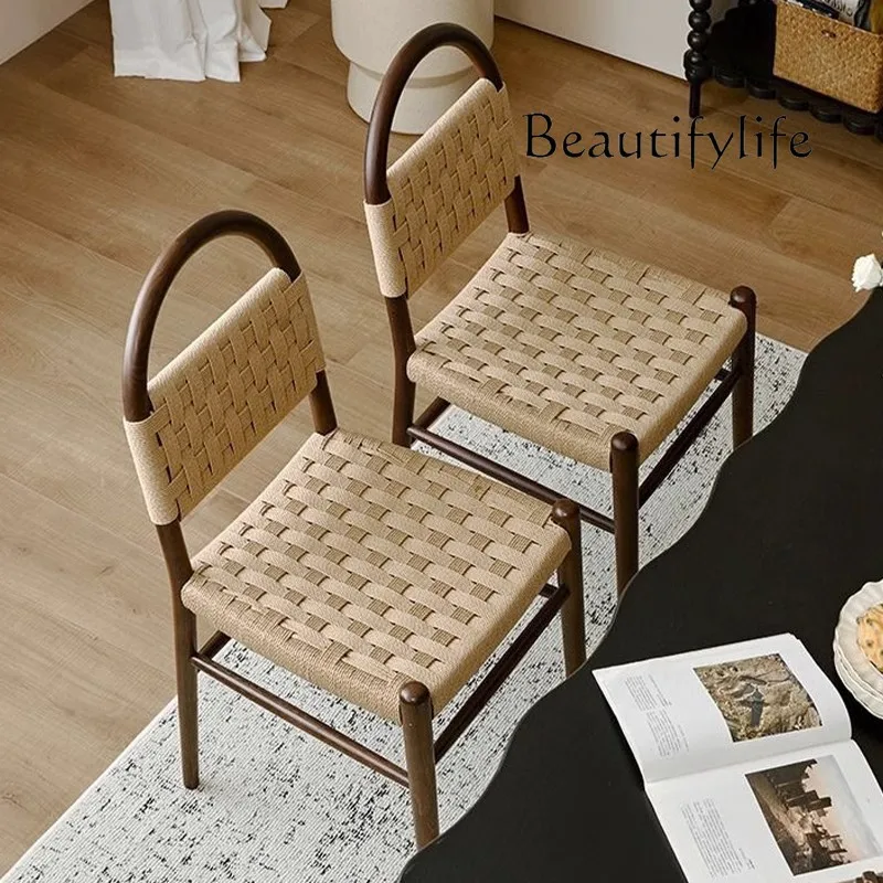 

French medieval dining chair rope weaving household solid wood retro living room household weaving backrest casual fashion