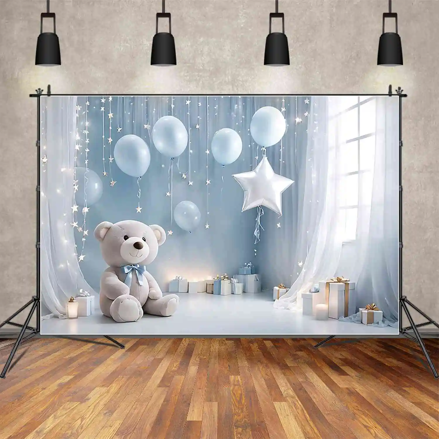 

MOON.QG Teddy Bear Drapes One Birthday Background Baby Shower White Blue Balloon Backdrops Customized Party Photography Props