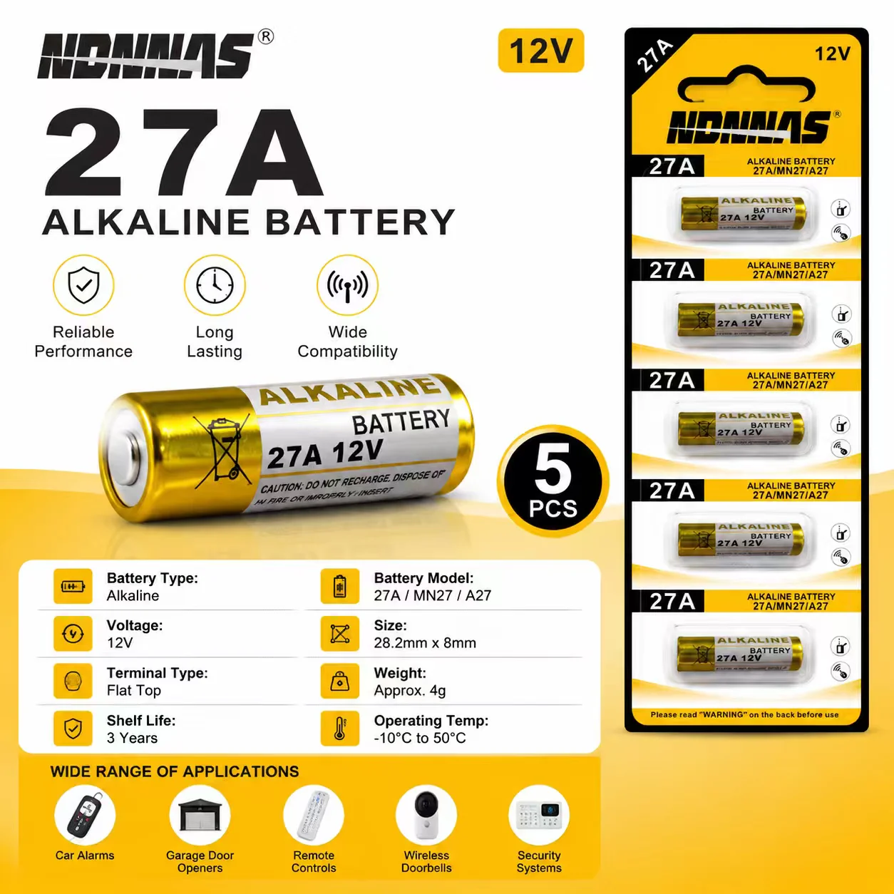 Long Lasting 27A 12V Alkaline Battery 3 Years Shelf Life 5PCS A27 MN27 12 Volt Battery for Car Remote Control Garage Door