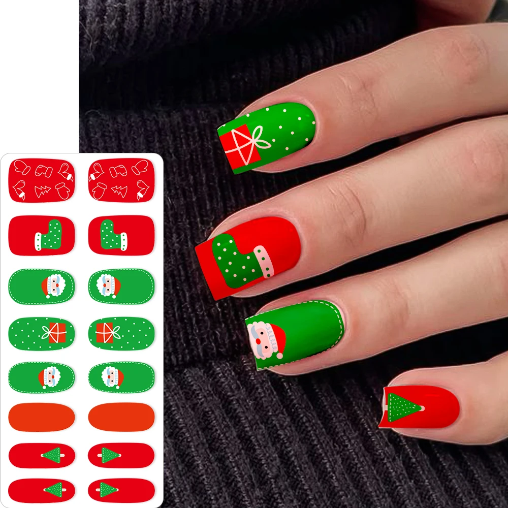 16 punte colorate cartoni animati natalizi adesivi per nail art carino copertura completa stampa sulla decorazione delle unghie adesivo decalcomania per unghie involucri per unghie di Natale